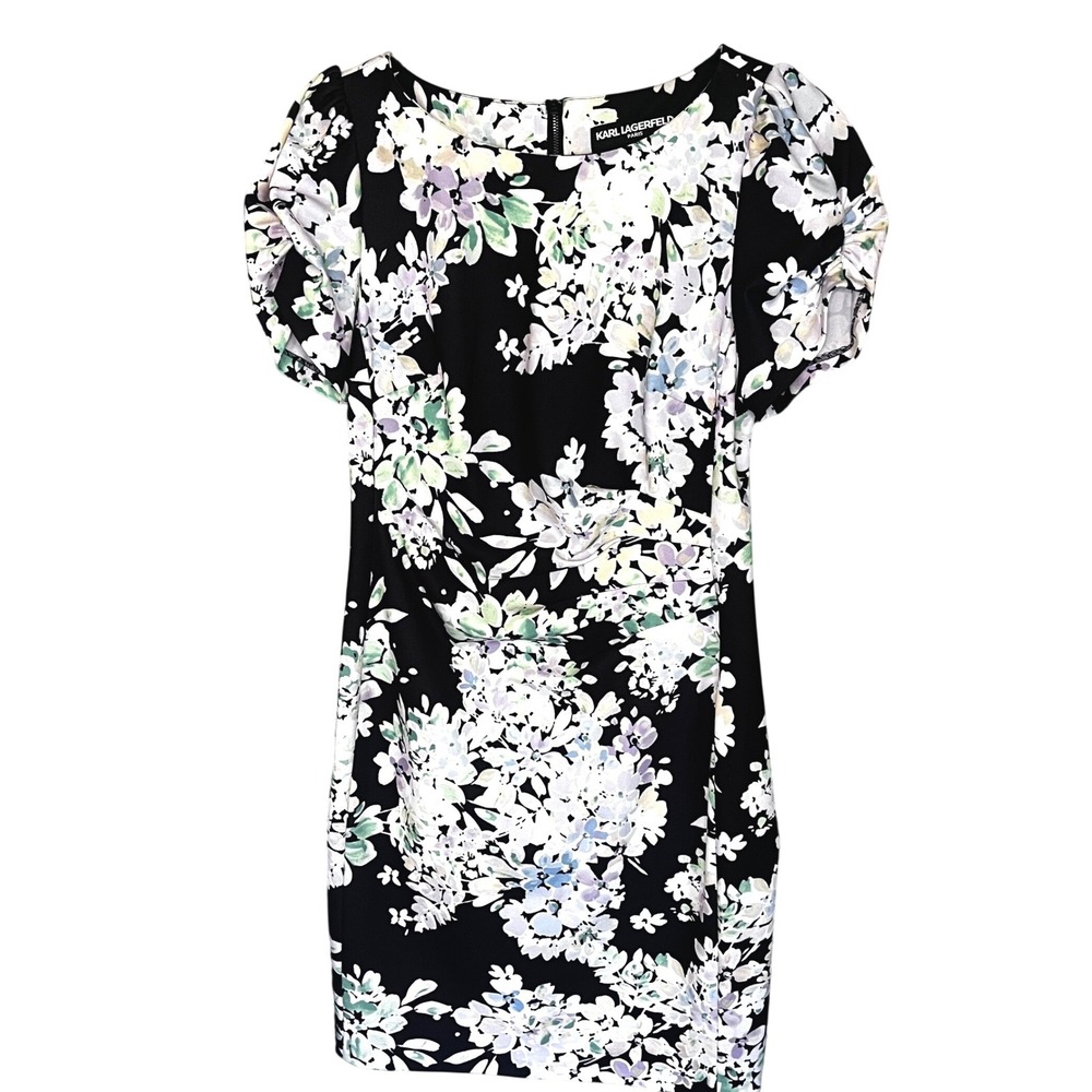 Karl Lagerfeld Floral Sheath Dress Black floral Ruched Puff Sleeve 6 Modest‎